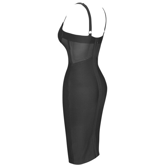 Crystal Accent Bustier Bandage Midi Dress | V-Neck Sheer Bodice Celebrity Style - Picture 5 of 7